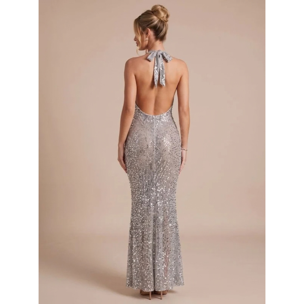Selina | Damen Maxi Kleid Silber mit Neckholder und Pailletten