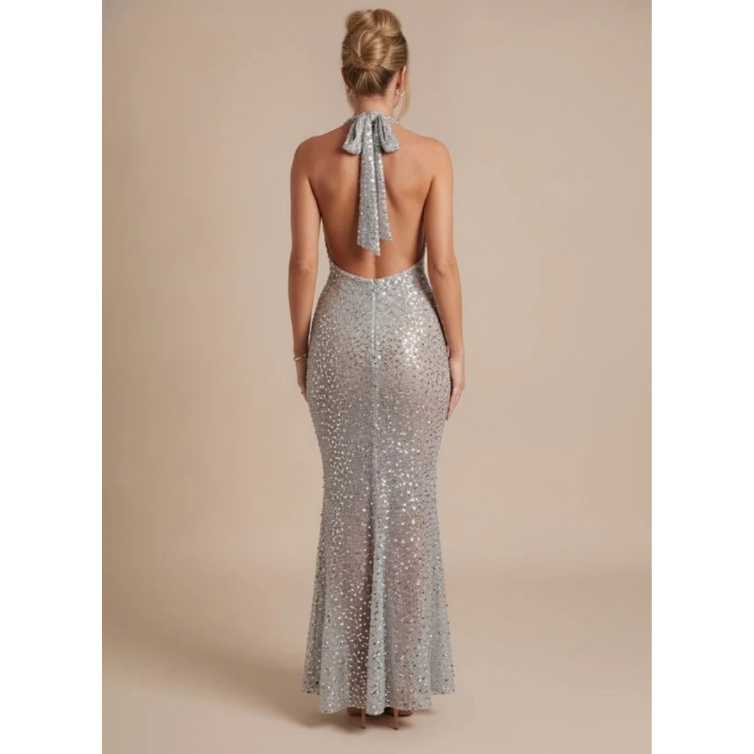 Selina | Damen Maxi Kleid Silber mit Neckholder und Pailletten
