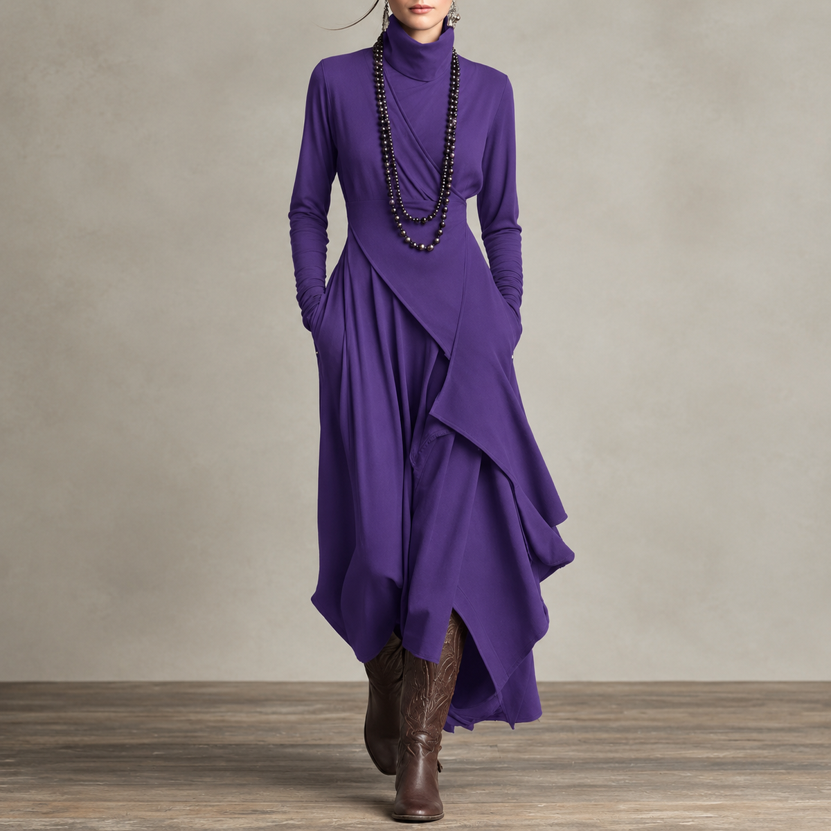 Selma | Damen Langarm Maxikleid mit Kragen und Langer Silhouette
