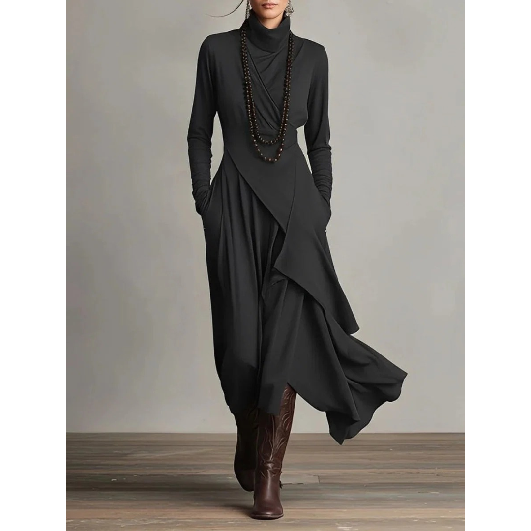 Selma | Damen Langarm Maxikleid mit Kragen und Langer Silhouette