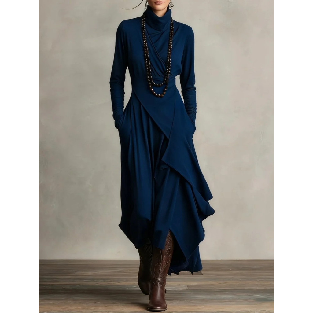 Selma | Damen Langarm Maxikleid mit Kragen und Langer Silhouette