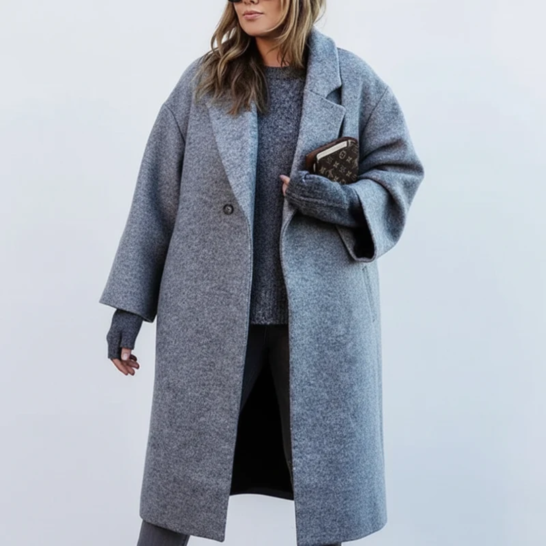 Selma | Damen Lange Winterjacke für Große Größen mit Wollmantel und Kragen