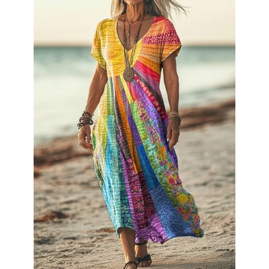 Sienna | Damen Boho Maxikleid mit V Ausschnitt und Patchwork Muster
