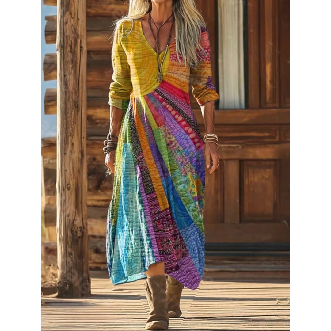 Sienna | Damen Boho Maxikleid mit V Ausschnitt und Patchwork Muster