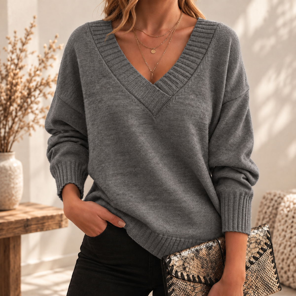 Silke | Damen Strickpullover mit V Ausschnitt, Oversized Schnitt und Strick Optik