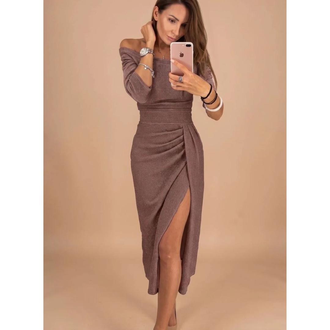 Silvana | Damen Cocktailkleid mit Langarm, Falten und Pailletten