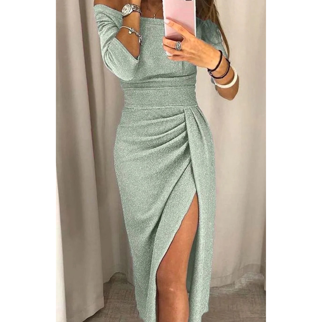 Silvana | Damen Cocktailkleid mit Langarm, Falten und Pailletten
