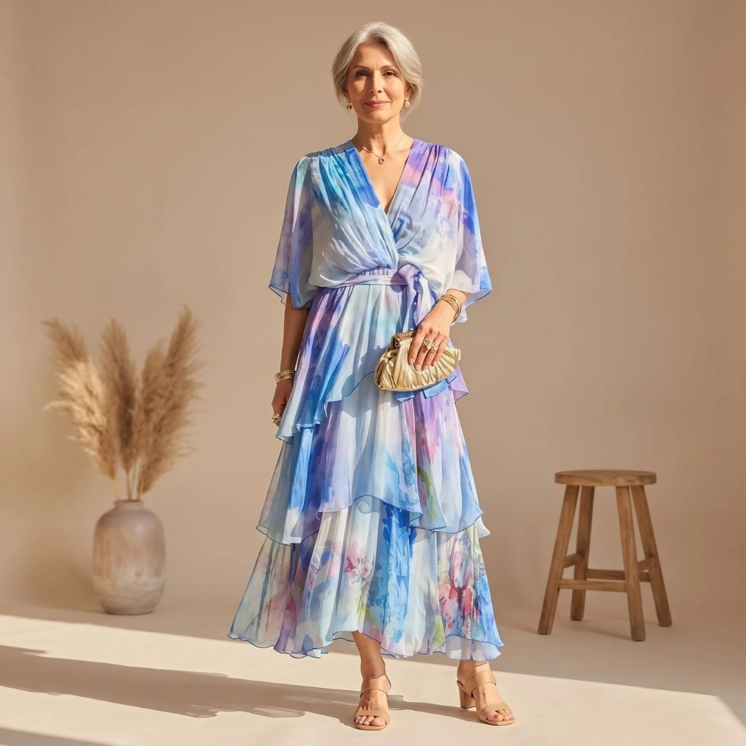 Simone | Damen Blaues Abendkleid mit Volants