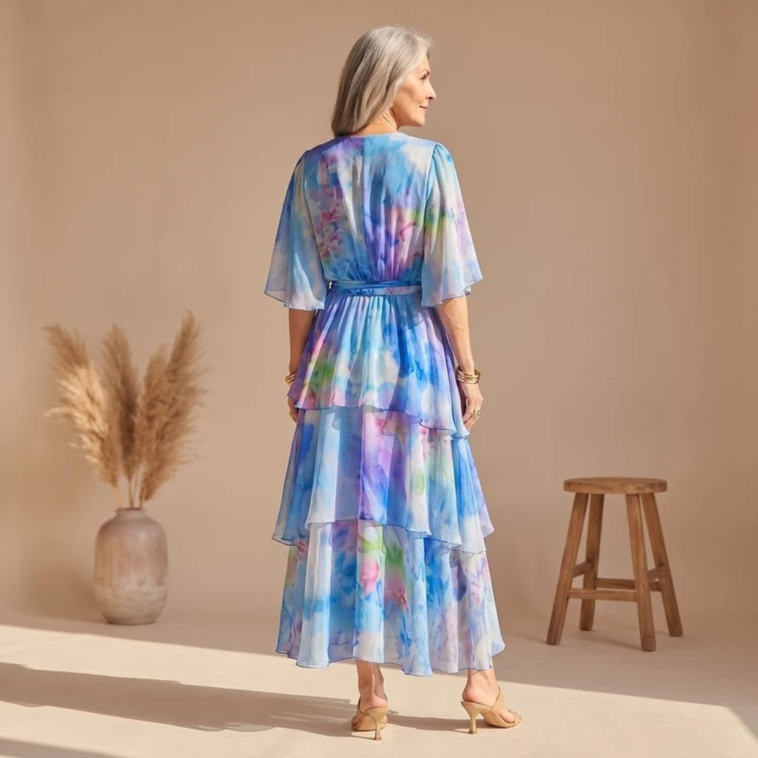 Simone | Damen Blaues Abendkleid mit Volants