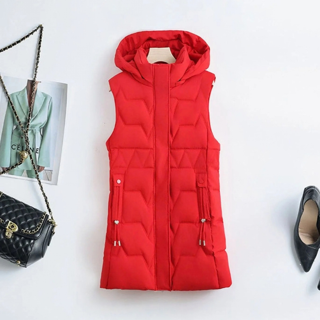 Skadi | Damen Lange steppweste mit Kapuze und Taschen