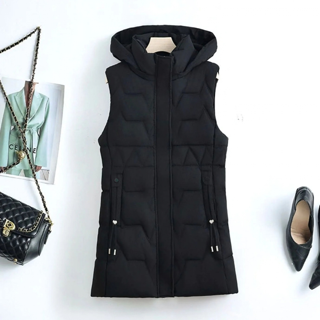 Skadi | Damen Lange steppweste mit Kapuze und Taschen