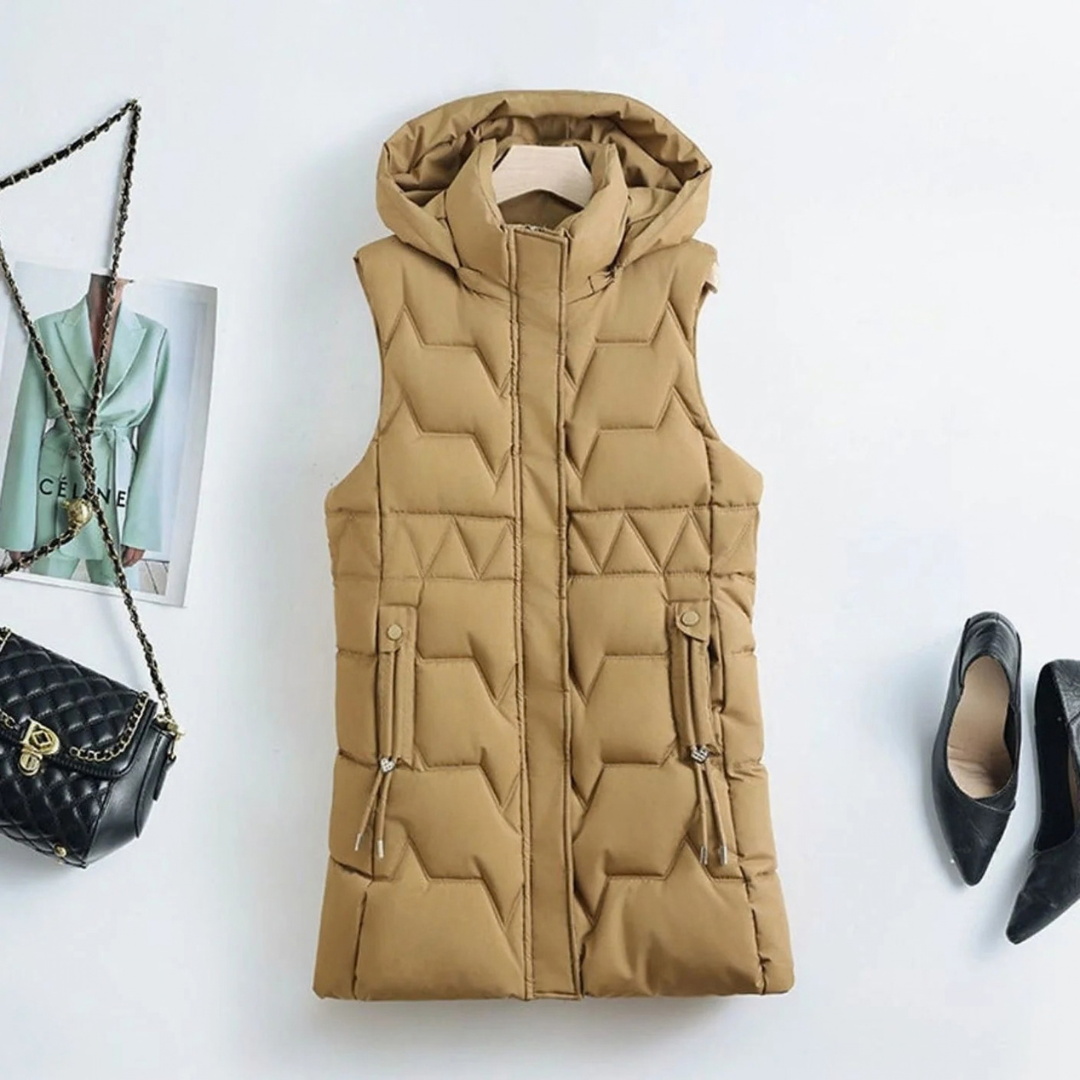 Skadi | Damen Lange steppweste mit Kapuze und Taschen