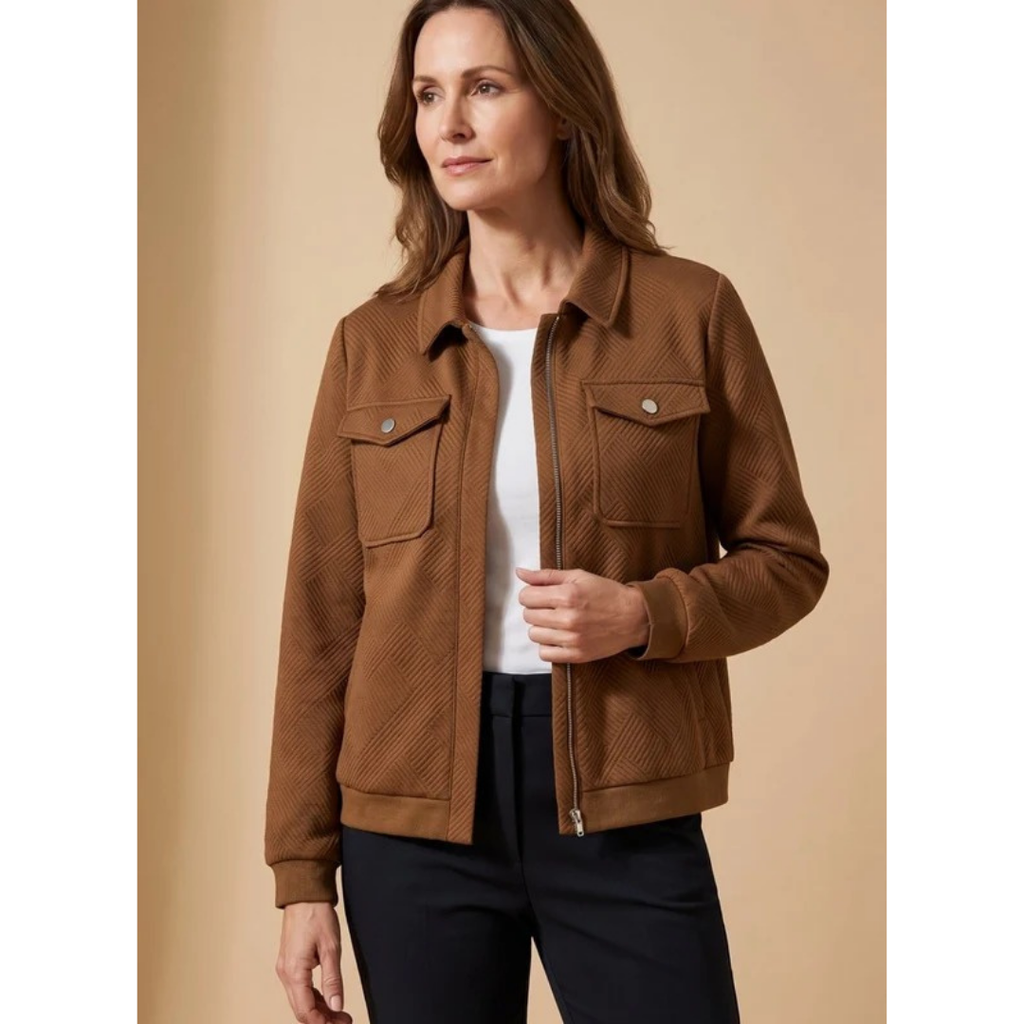 Solveig | Damen Braune Jacke mit Langarm, Taschen und Reißverschluss