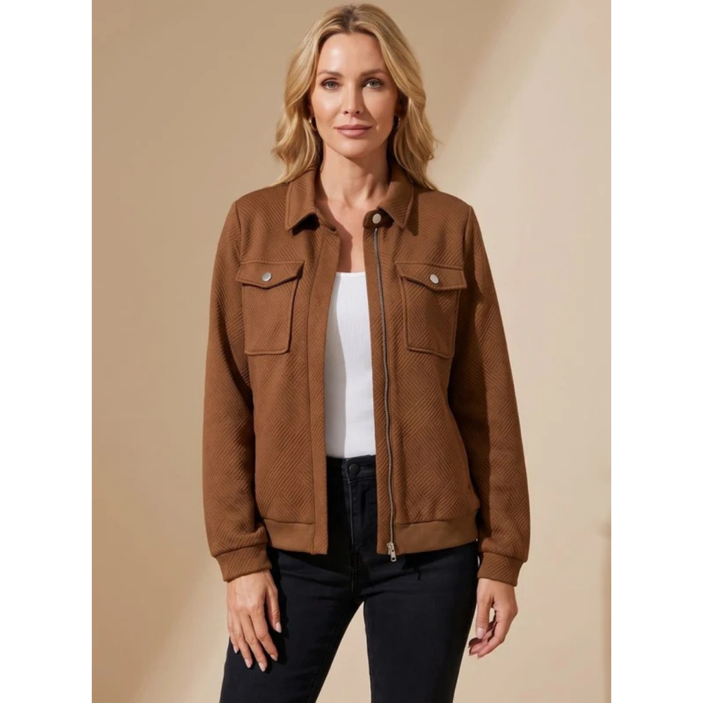 Solveig | Damen Braune Jacke mit Langarm, Taschen und Reißverschluss