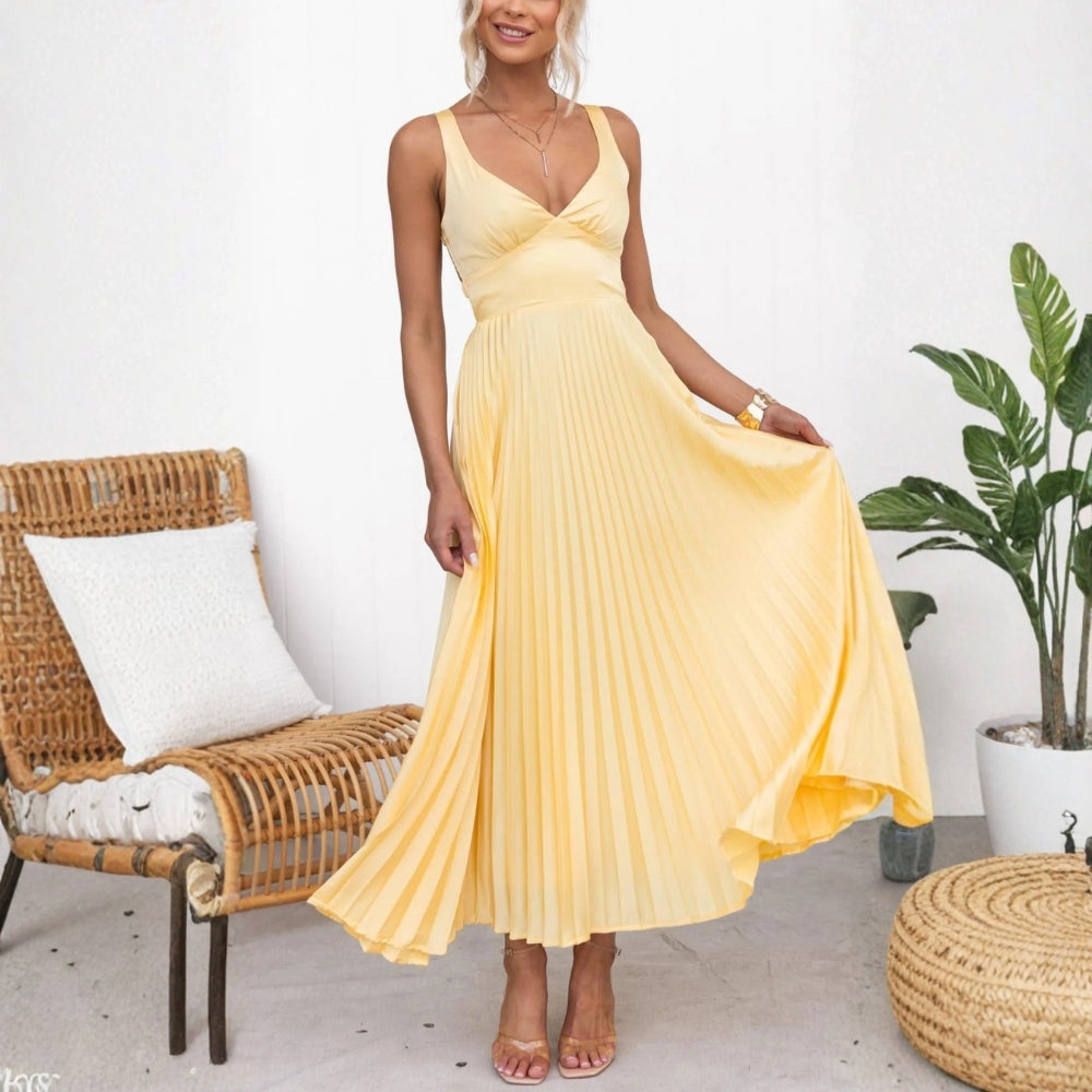 Sonnengelbes Abendkleid – Ärmelloses Midikleid mit V-Ausschnitt