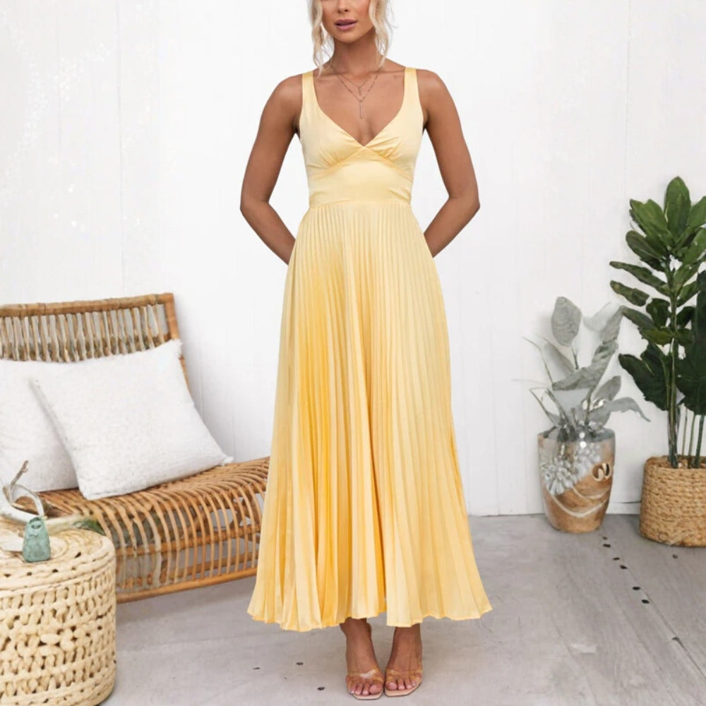Sonnengelbes Abendkleid – Ärmelloses Midikleid mit V-Ausschnitt