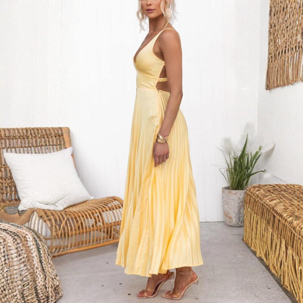Sonnengelbes Abendkleid – Ärmelloses Midikleid mit V-Ausschnitt