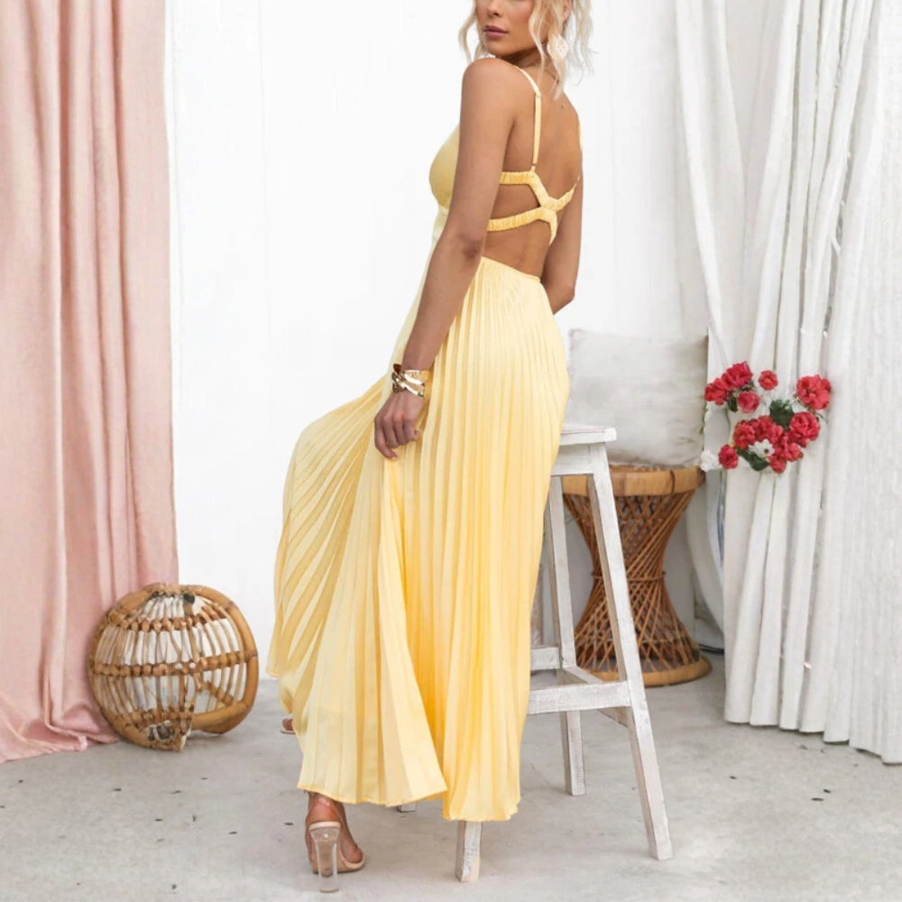 Sonnengelbes Abendkleid – Ärmelloses Midikleid mit V-Ausschnitt