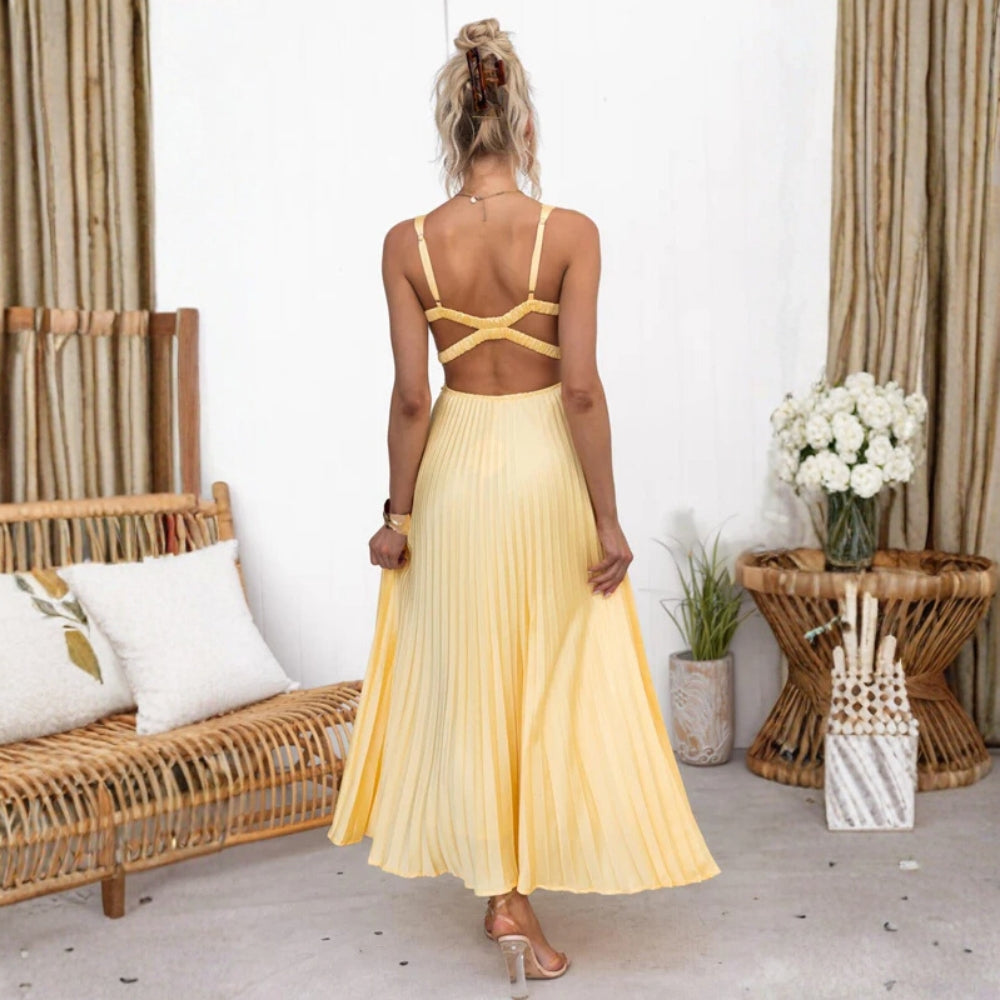 Sonnengelbes Abendkleid – Ärmelloses Midikleid mit V-Ausschnitt