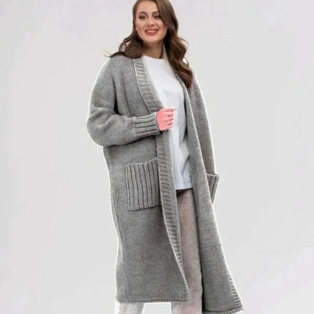 Soraya | Damen Lange Strickjacke für Große Größen mit Taschen und weichem Strick