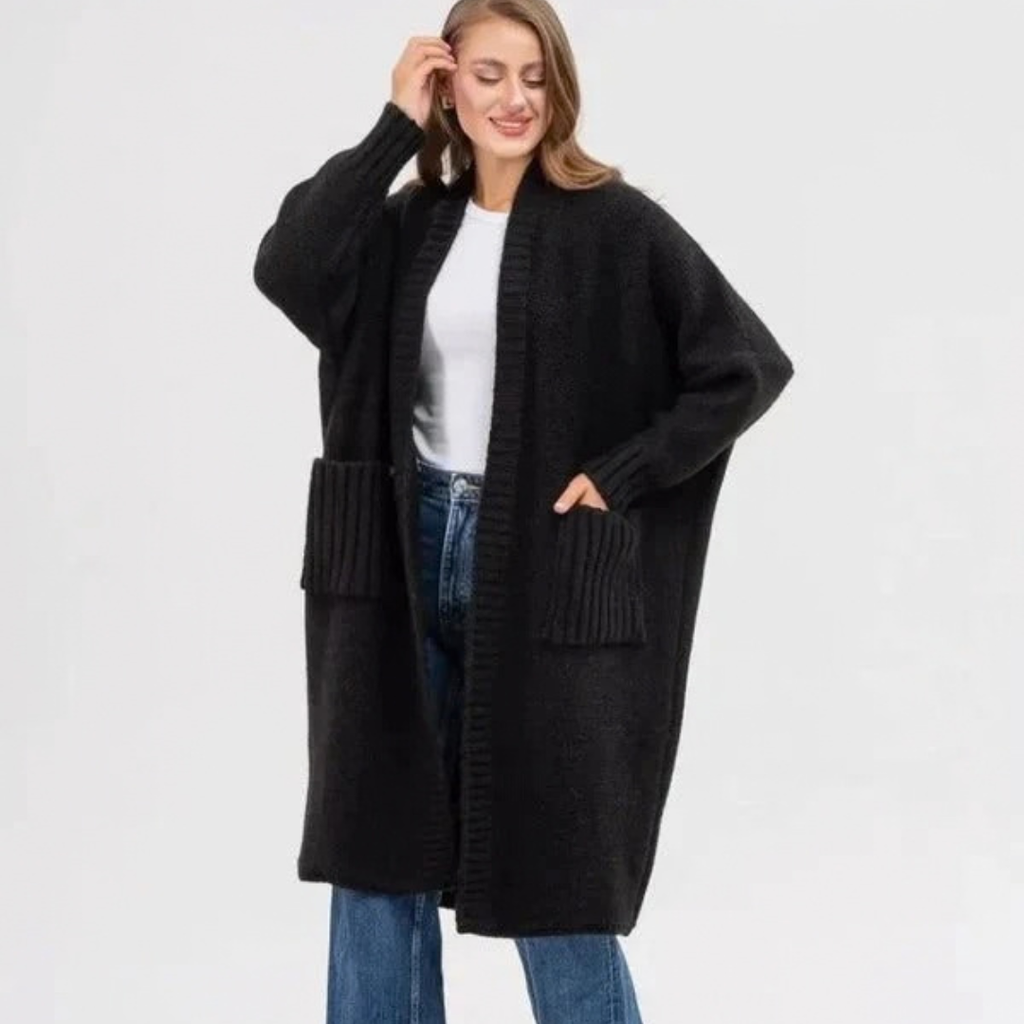 Soraya | Damen Lange Strickjacke für Große Größen mit Taschen und weichem Strick