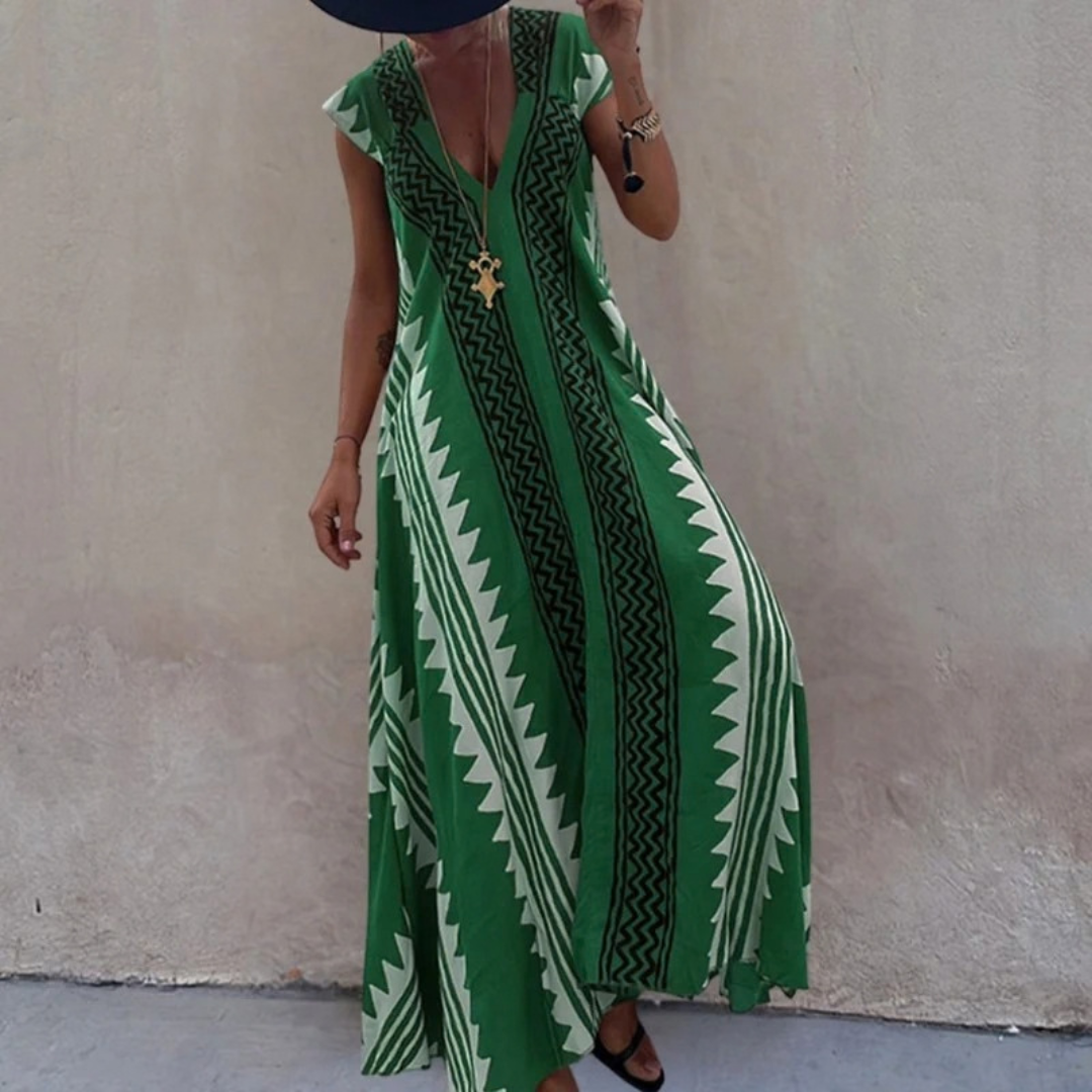 Stephanie | Damen Boho Maxikleid mit V Ausschnitt im Boho Stil