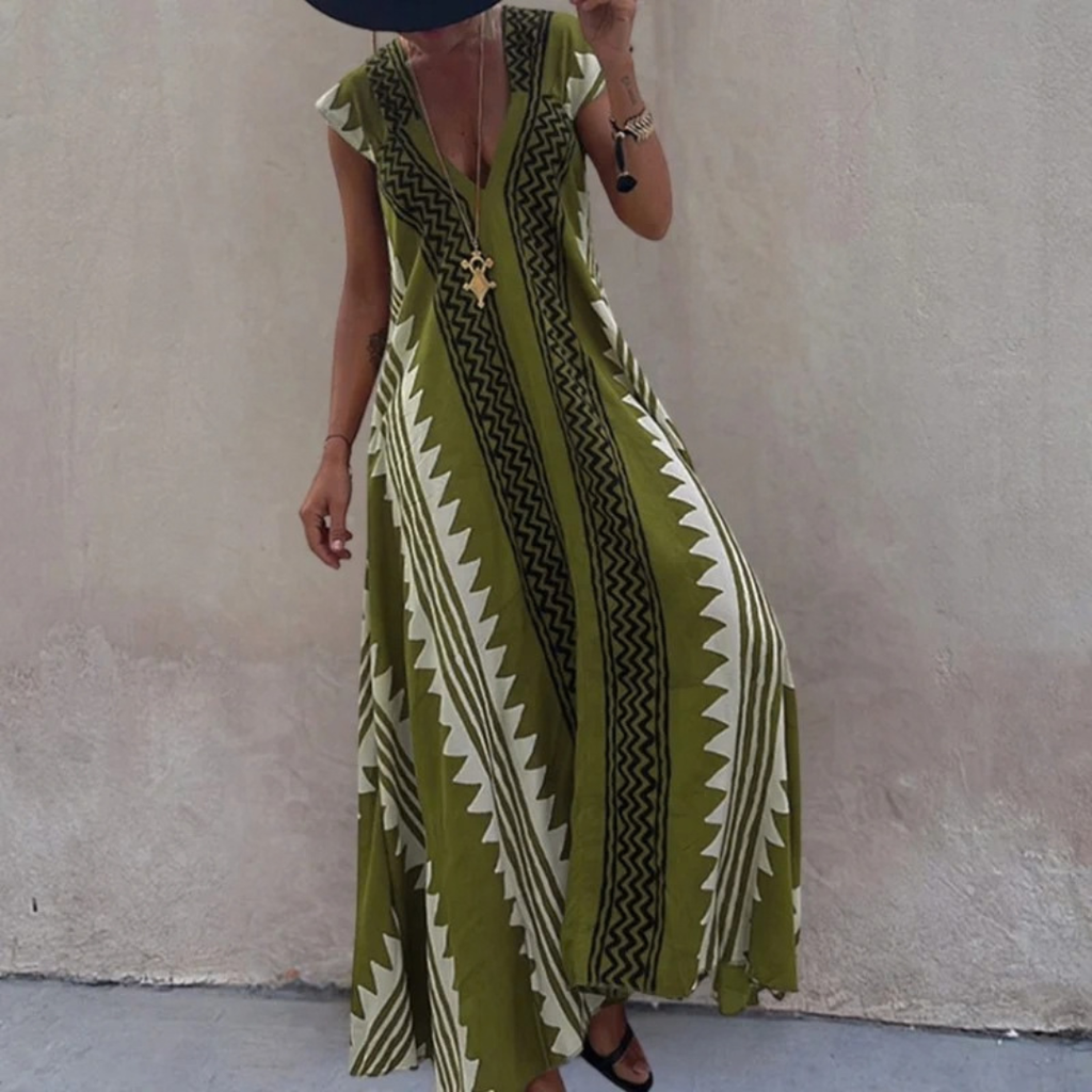 Stephanie | Damen Boho Maxikleid mit V Ausschnitt im Boho Stil