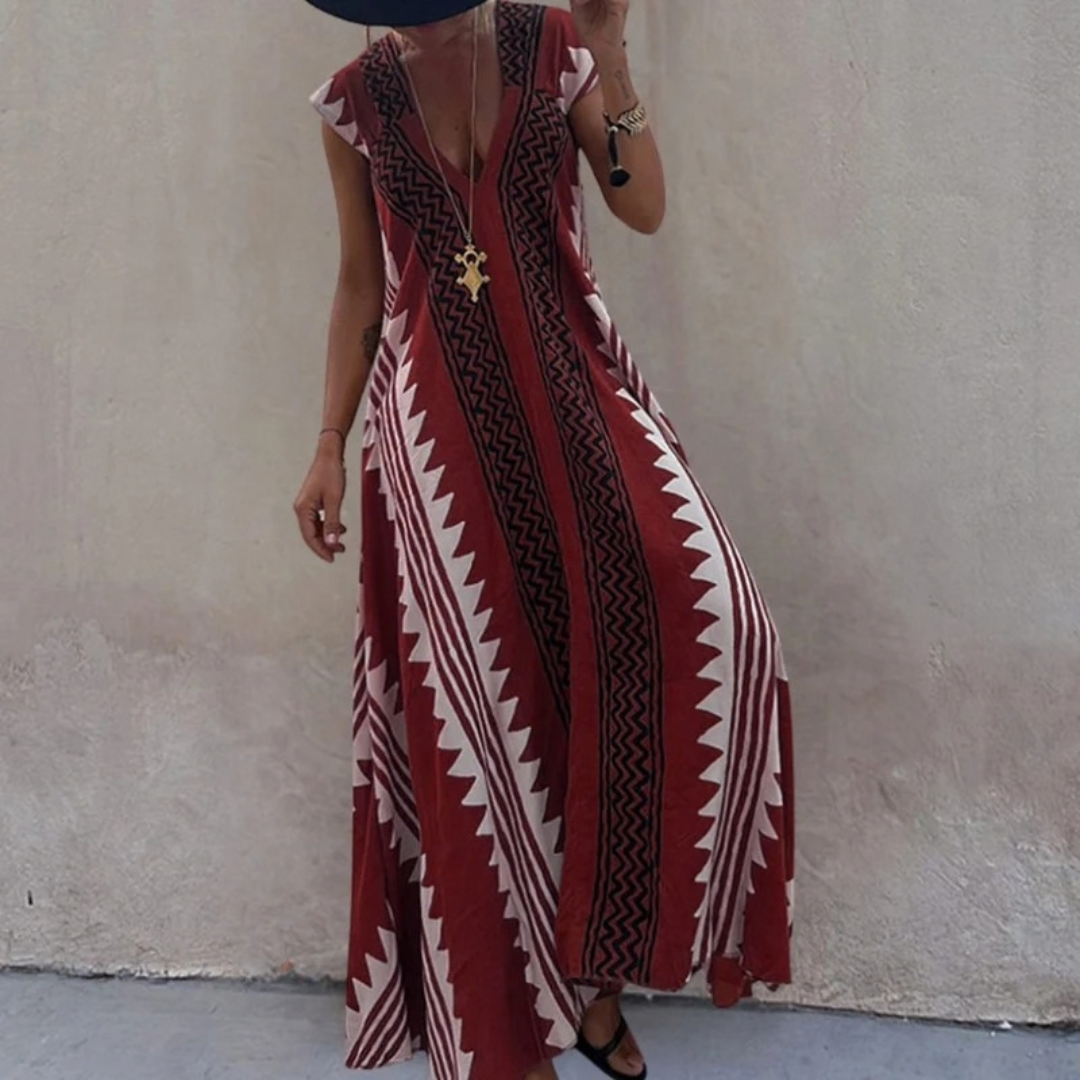 Stephanie | Damen Boho Maxikleid mit V Ausschnitt im Boho Stil