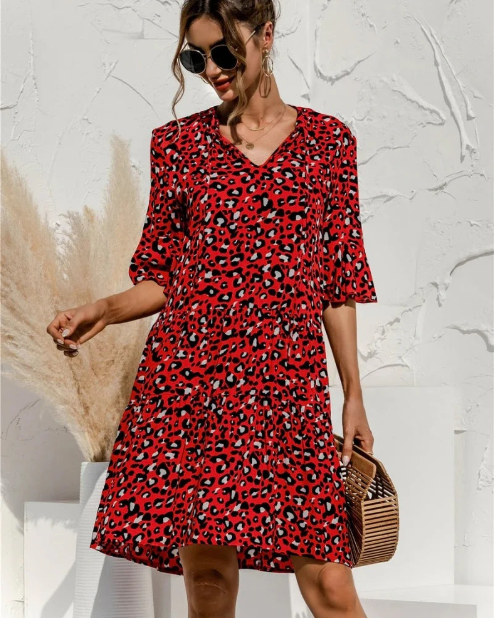 Damen Strand Sommerkleid Midi mit V-Ausschnitt | Lockeres Kleid