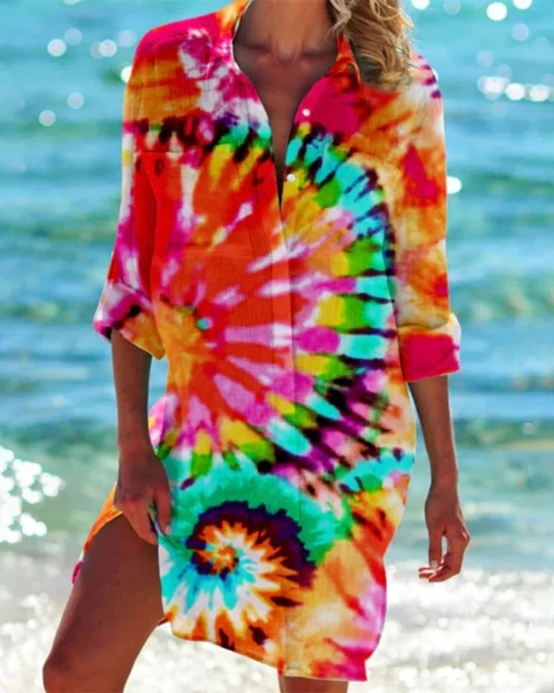 Strand Tunika Bluse Damen mit Farbprint | Locker