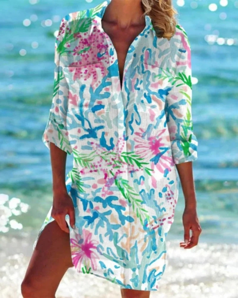 Strand Tunika Bluse Damen mit Farbprint | Locker