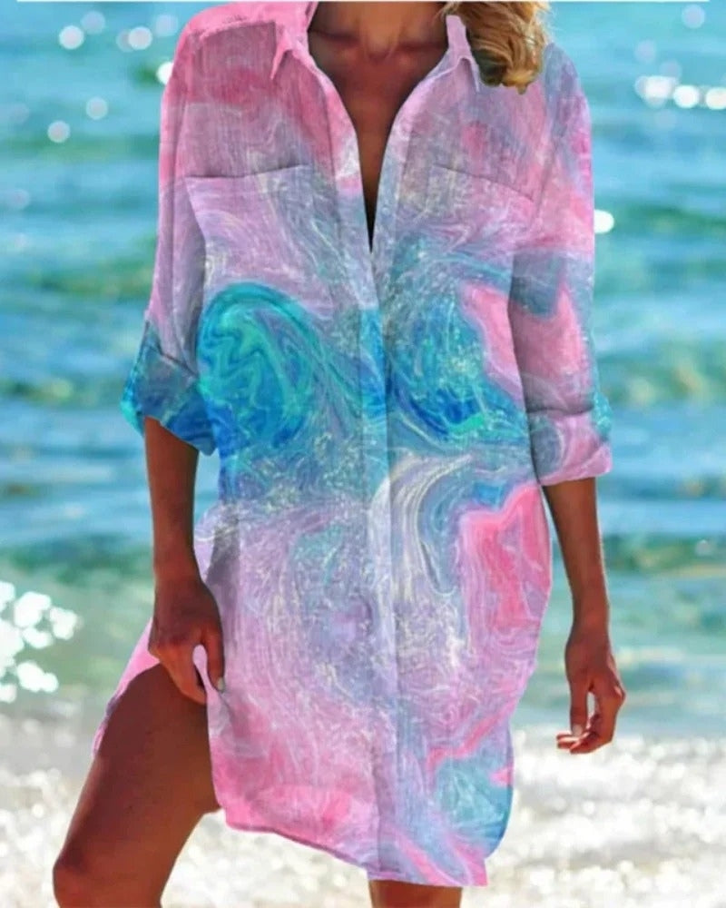 Strand Tunika Bluse Damen mit Farbprint | Locker