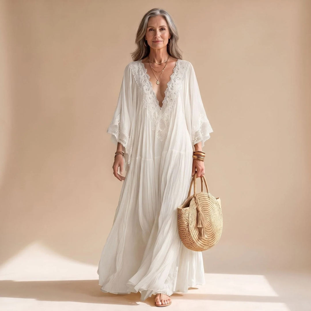 Sybille | Damen Abendkleid mit V-Ausschnitt und Rüschen