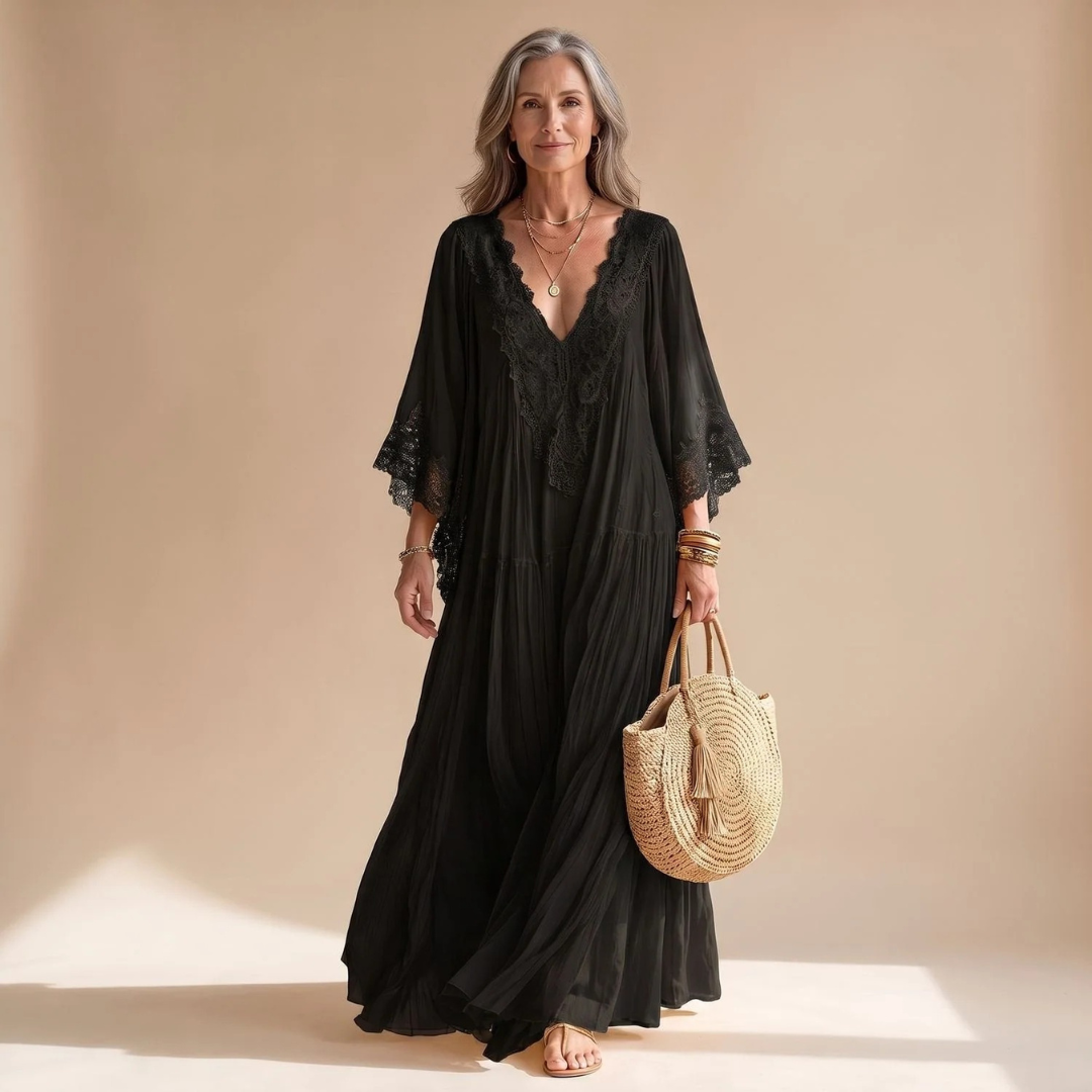 Sybille | Damen Abendkleid mit V-Ausschnitt und Rüschen