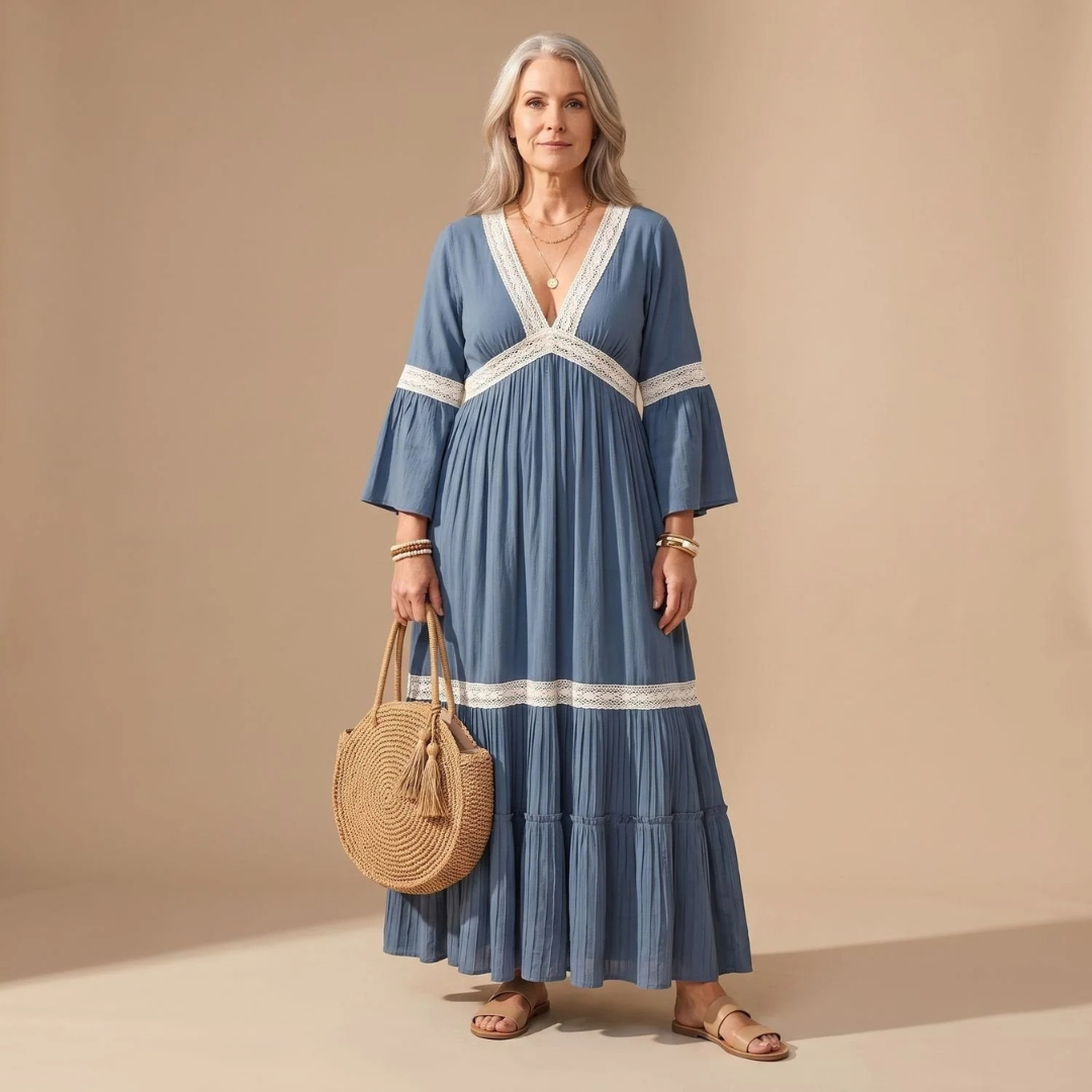 Sybille | Damen Abendkleid mit V-Ausschnitt und Rüschen