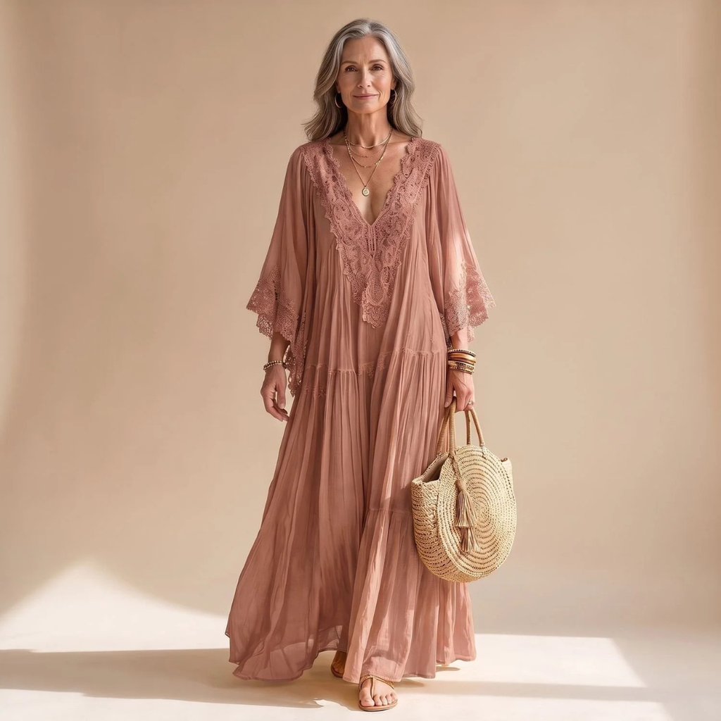 Sybille | Damen Abendkleid mit V-Ausschnitt und Rüschen