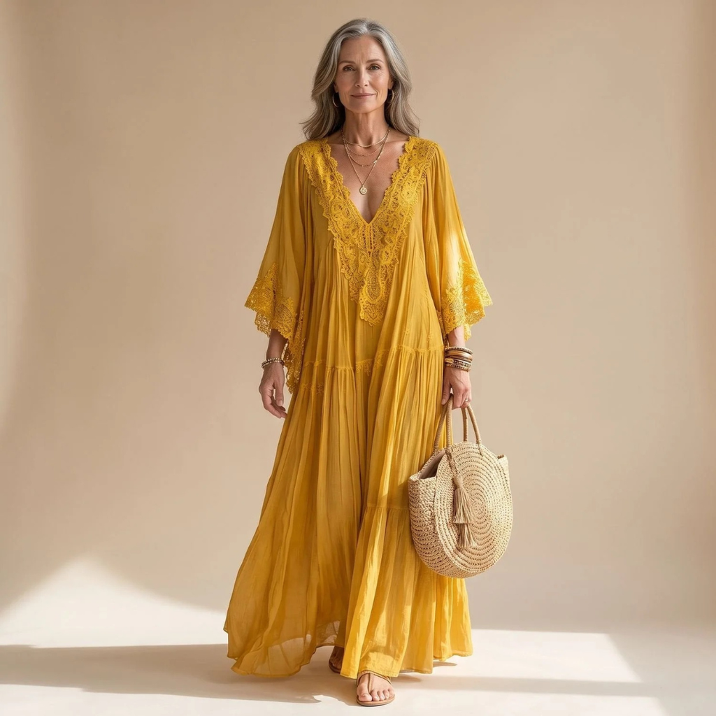 Sybille | Damen Abendkleid mit V-Ausschnitt und Rüschen