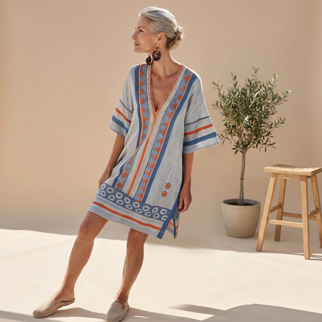 Tabea | Damen Blaues Abendkleid Boho mit V-Ausschnitt