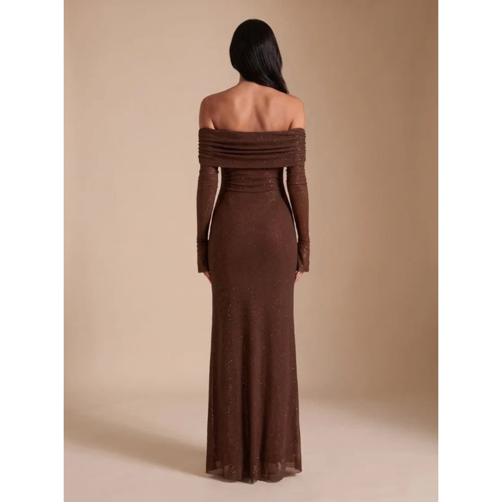 Tabea | Damen Maxi Kleid Braun mit Langarm und Pailletten