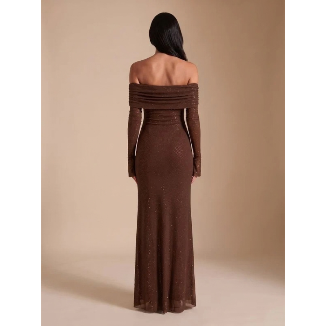 Tabea | Damen Maxi Kleid Braun mit Langarm und Pailletten