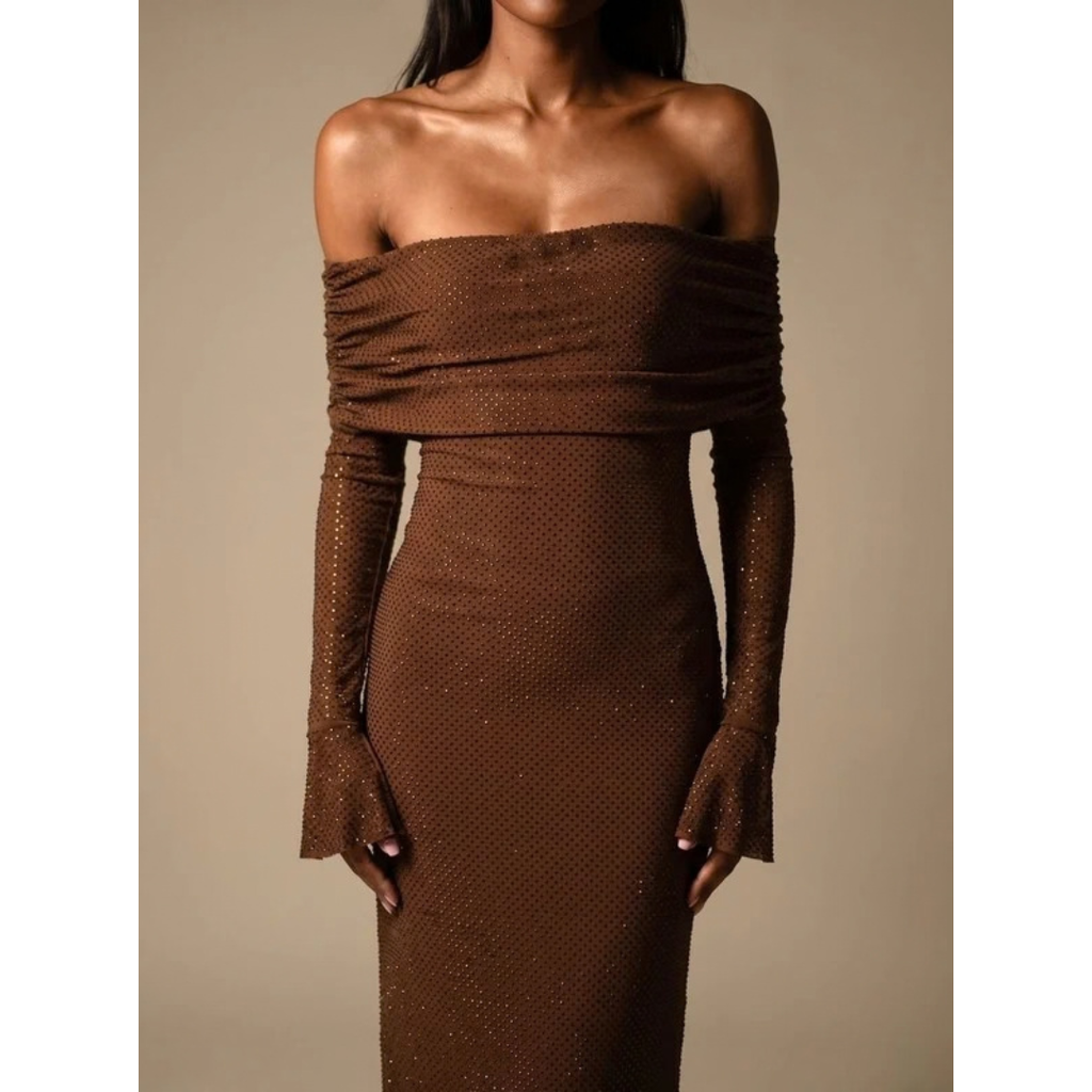Tabea | Damen Maxi Kleid Braun mit Langarm und Pailletten
