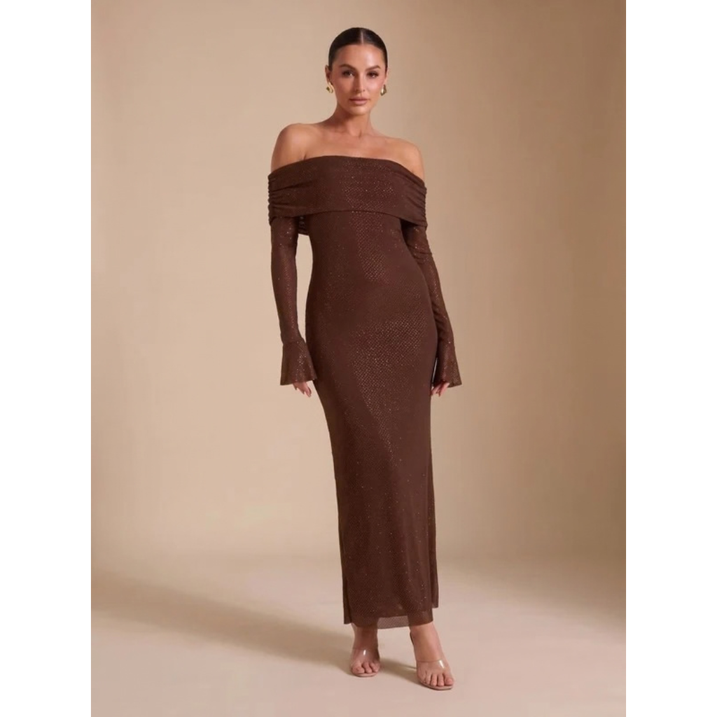 Tabea | Damen Maxi Kleid Braun mit Langarm und Pailletten