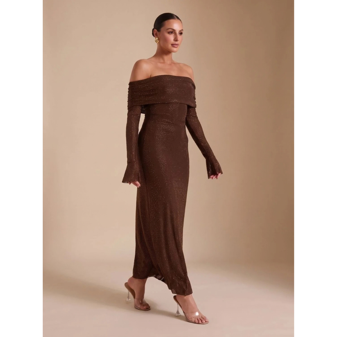 Tabea | Damen Maxi Kleid Braun mit Langarm und Pailletten