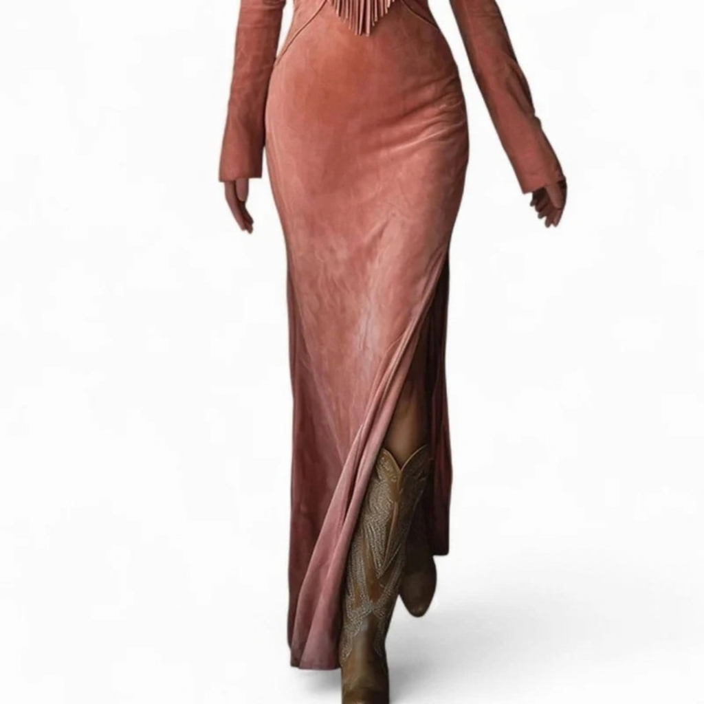 Tatjana | Damen Rosa Maxikleid im Western Stil mit Fransen und Langarm