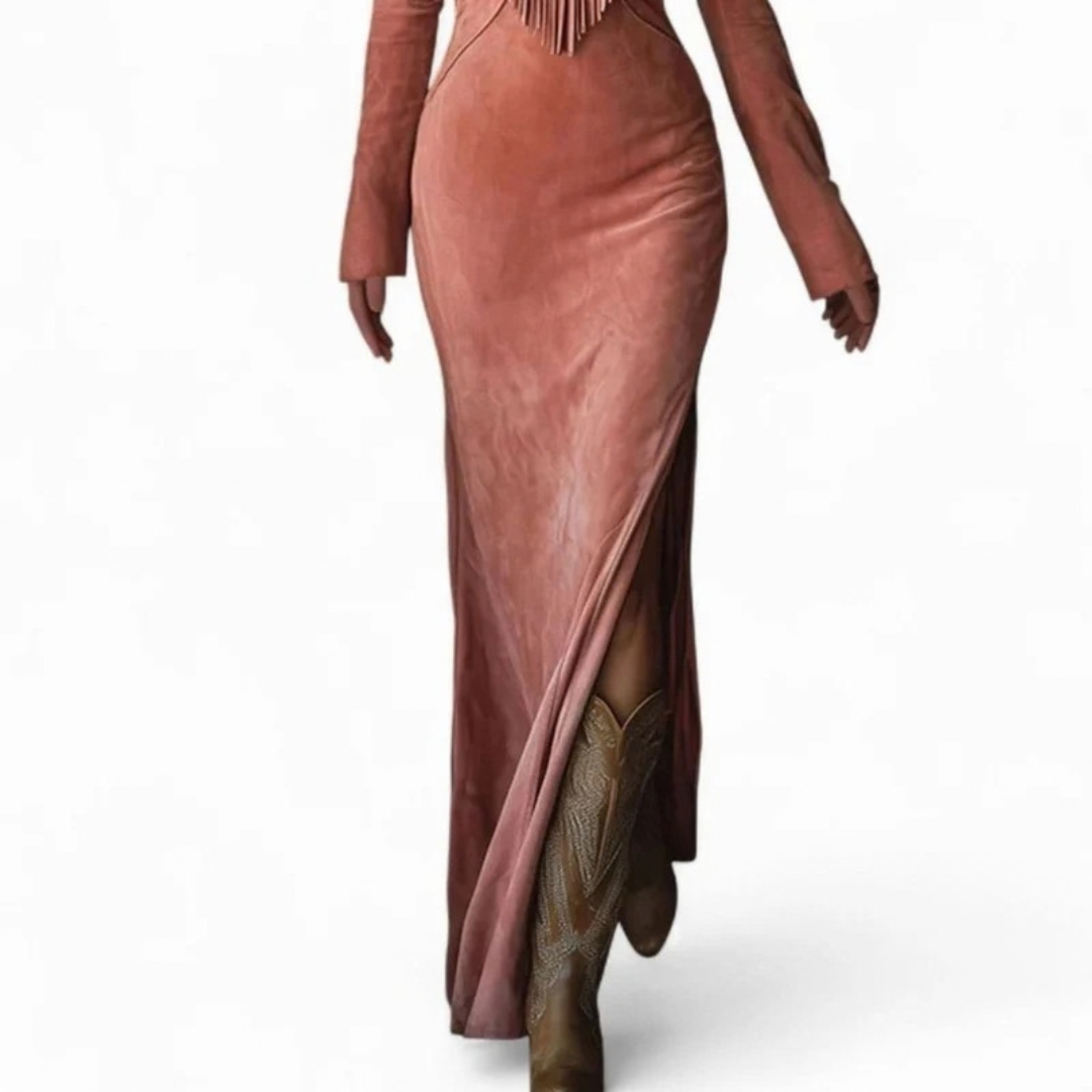 Tatjana | Damen Rosa Maxikleid im Western Stil mit Fransen und Langarm