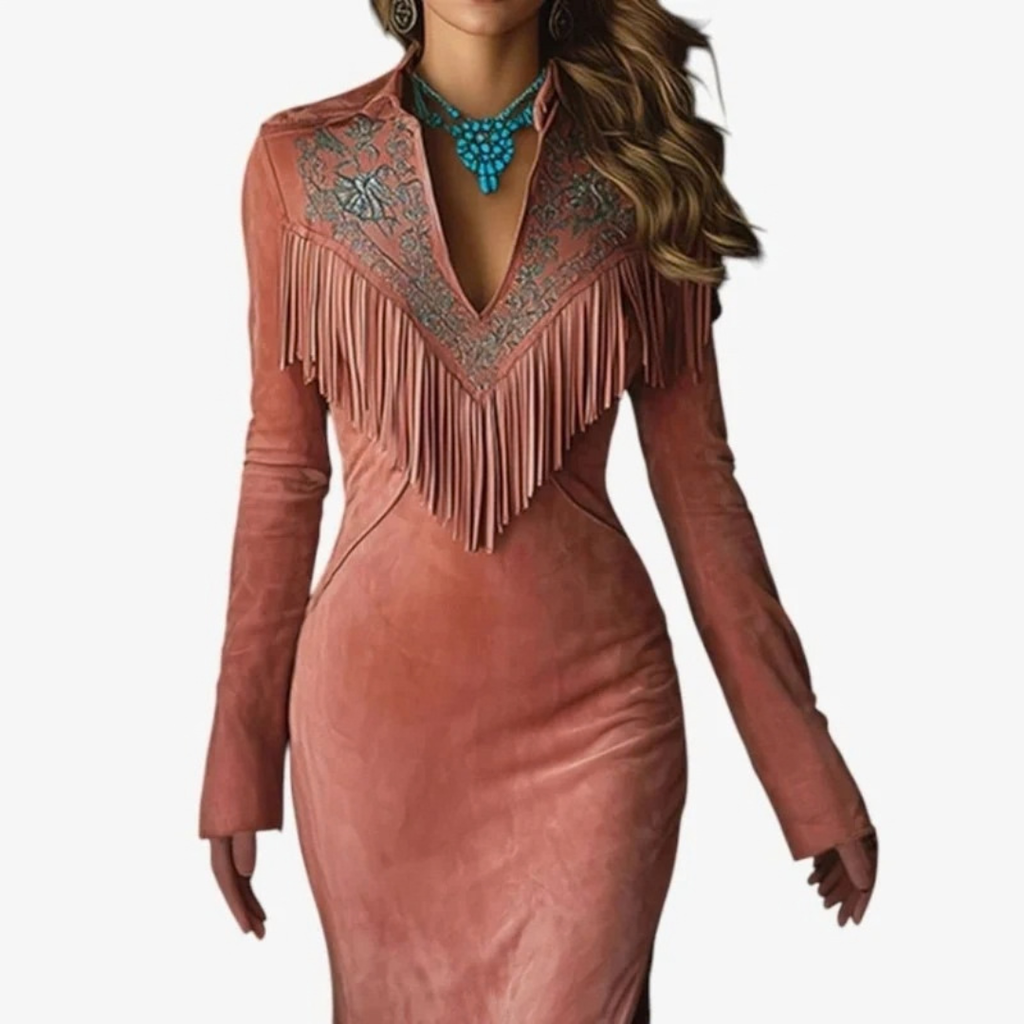 Tatjana | Damen Rosa Maxikleid im Western Stil mit Fransen und Langarm