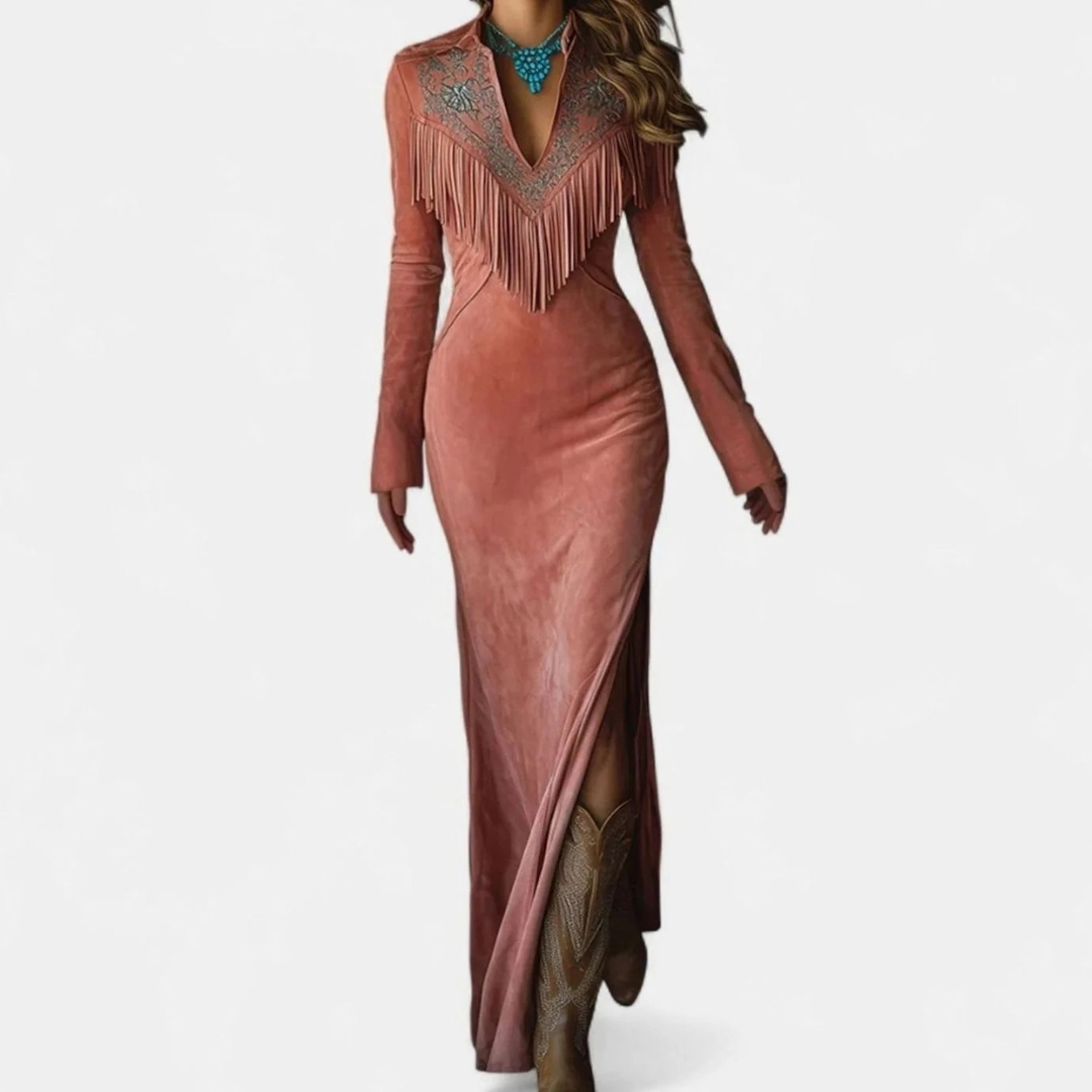 Tatjana | Damen Rosa Maxikleid im Western Stil mit Fransen und Langarm