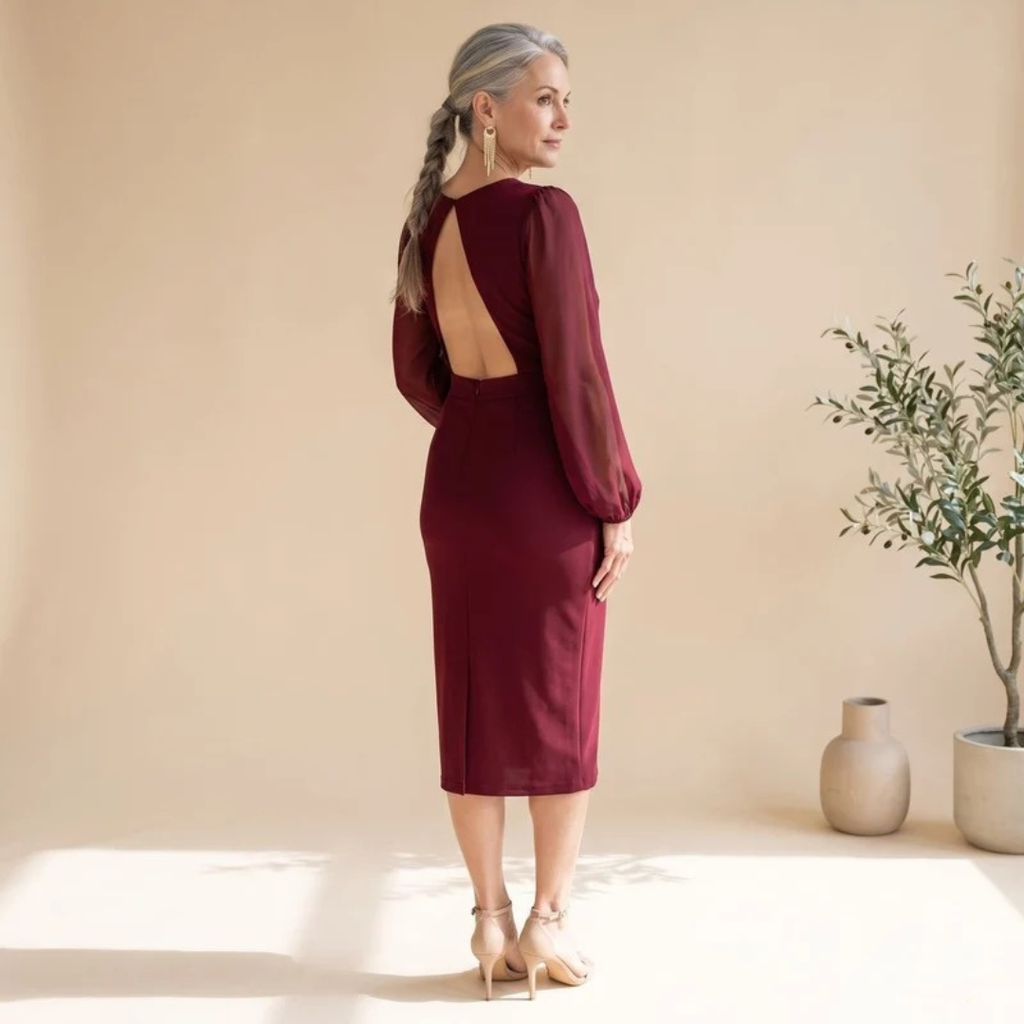 Tessa | Damen Rotes Abendkleid mit Langarm und Ausschnitt
