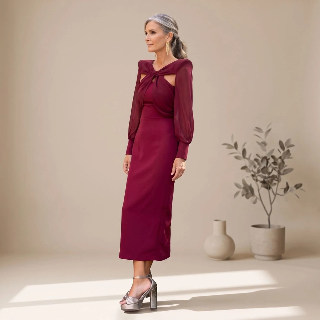Tessa | Damen Rotes Abendkleid mit Langarm und Ausschnitt