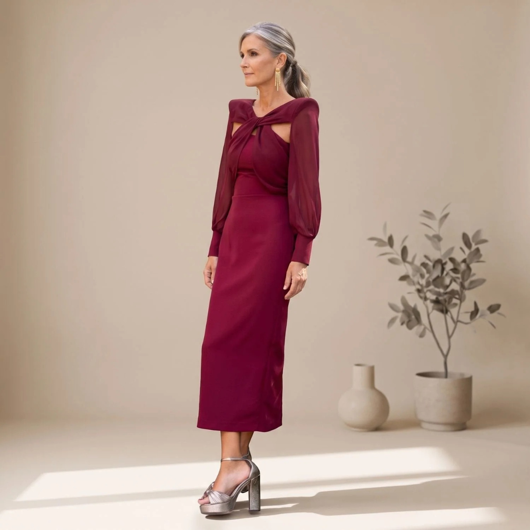 Tessa | Damen Rotes Abendkleid mit Langarm und Ausschnitt
